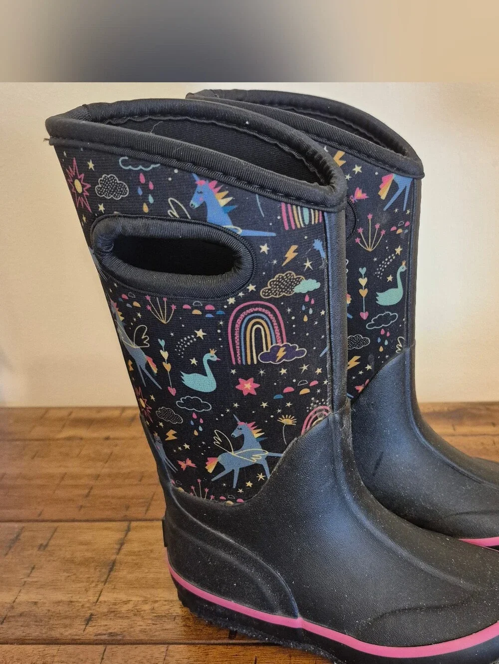 Lone Cone Kids' Black Rain Boots with Colorful Unicorn & Rainbow Print 12